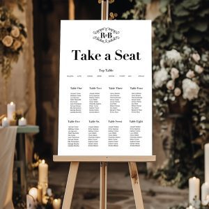 monogram take a seat wedding sign
