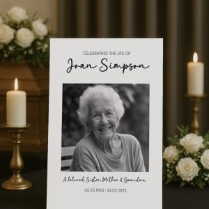 Black & white funeral photo board sign