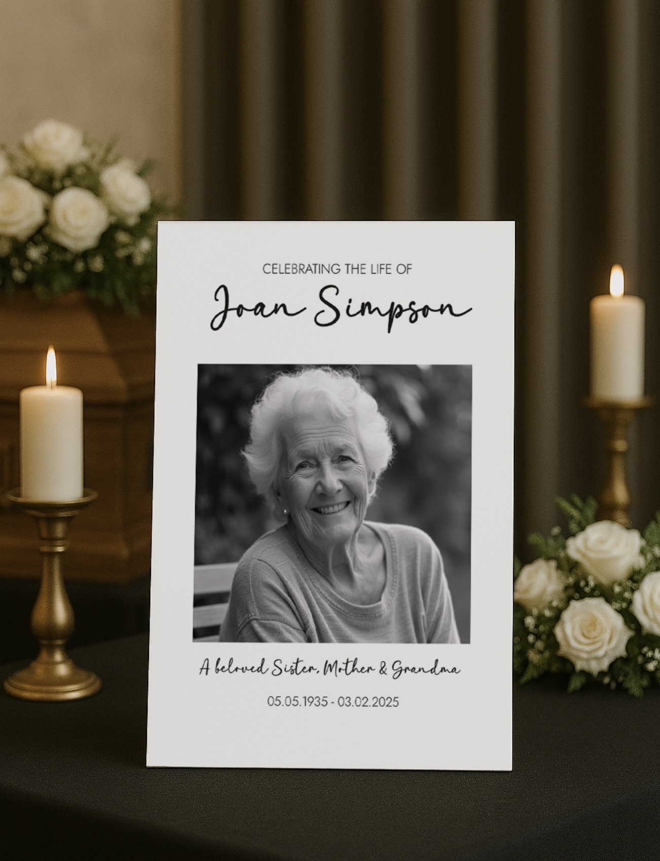 Black & white funeral photo board sign
