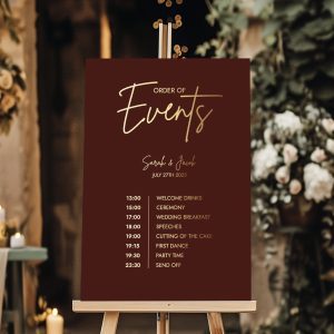 burgundy order of events sign