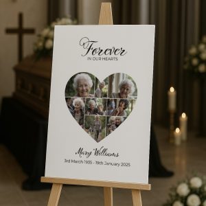 Funeral memorial board displayed on a floor-standing easel during a memorial service.