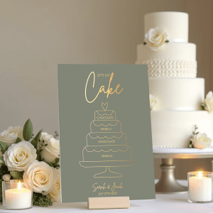 sage green wedding cake sign