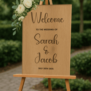 Engraved Names on Wooden Wedding Sign - portrait
