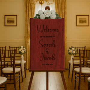 engraved wooden wedding sign with date portrait