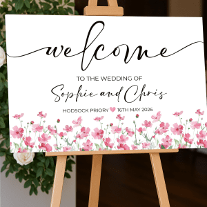 pink wildflower wedding welcome sign