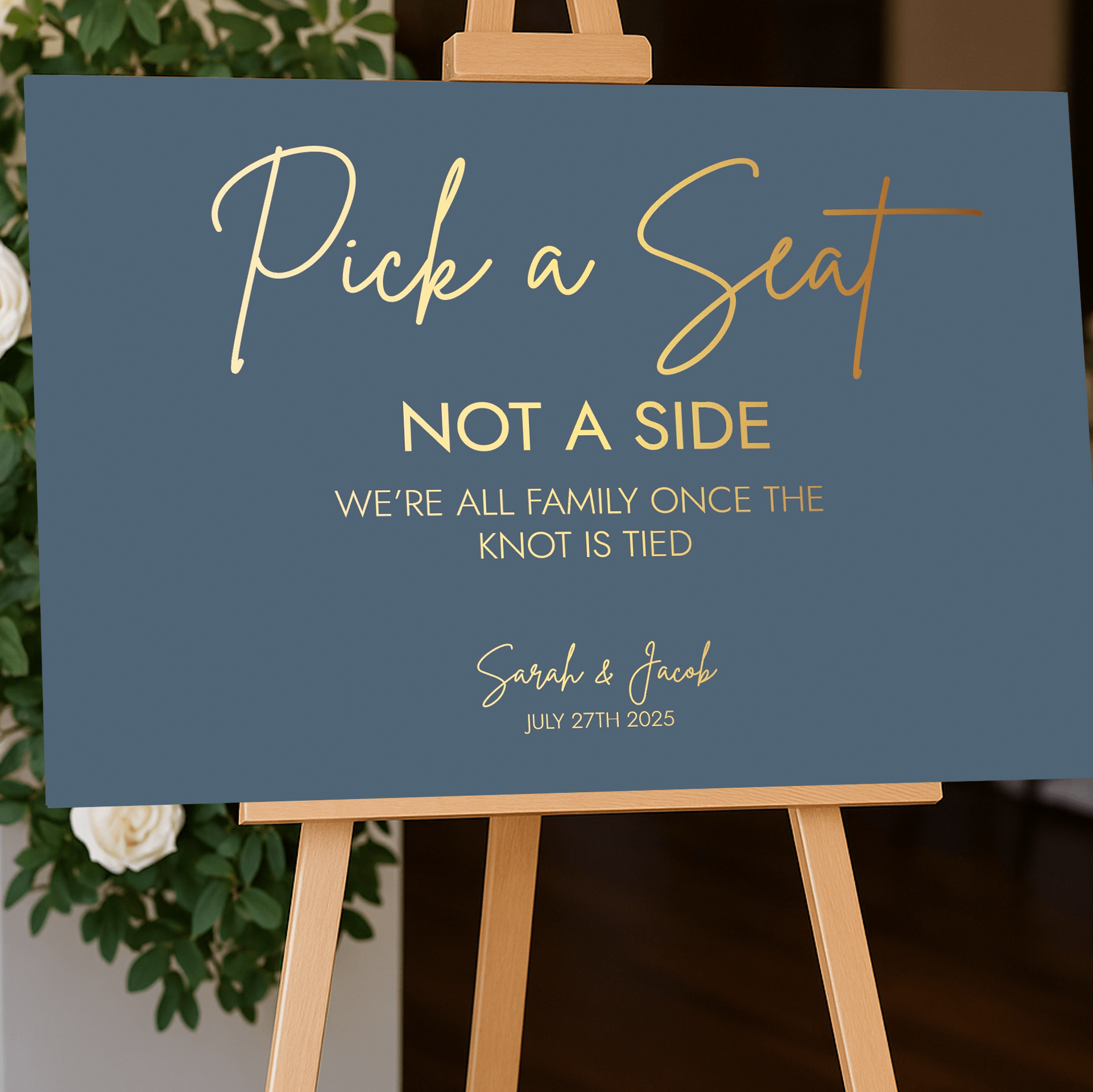 dusty blue pick a seat not a side sign