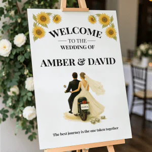 motorbike wedding welcome sign