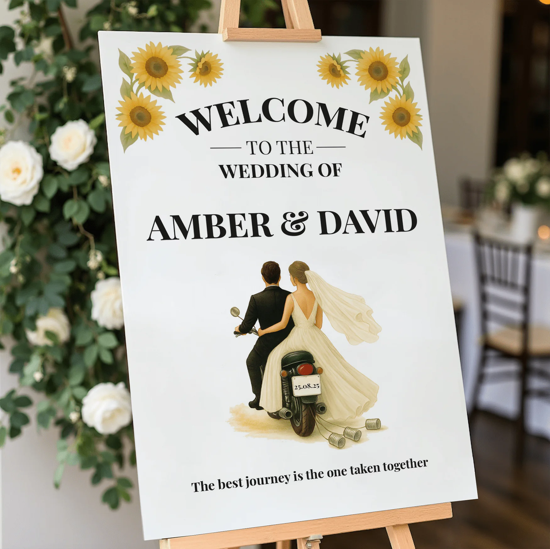 motorbike wedding welcome sign
