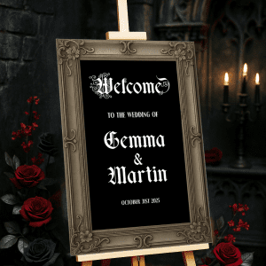 old gothic wedding welcome sign
