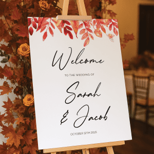 autumn-themed wedding reception sign