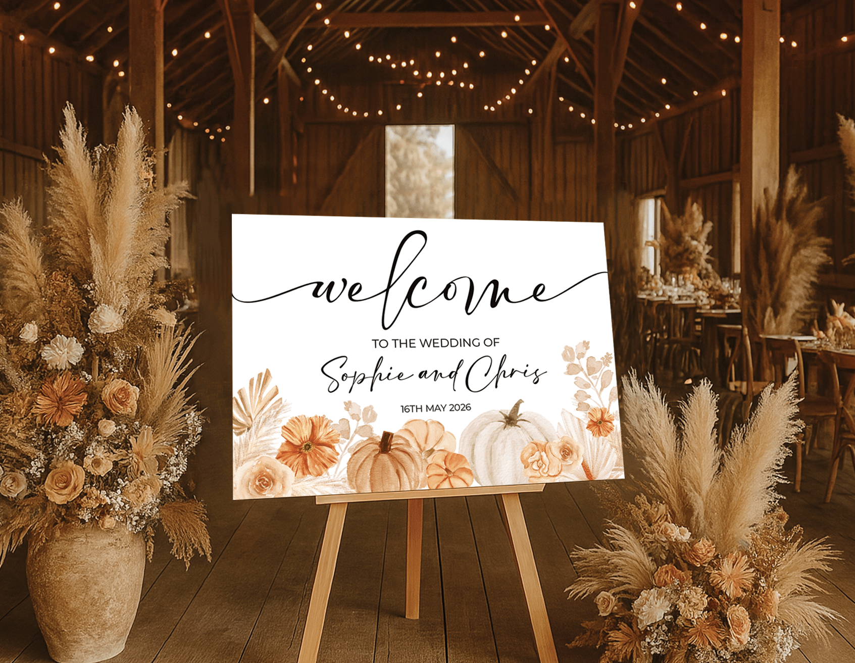 Autumn Watercolour Wedding Sign with Pumpkins and Seasonal Florals - Image 2