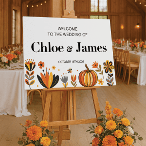 unusual autumnal wedding signage