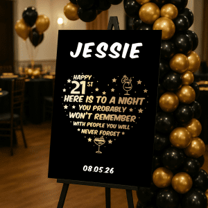 funny black and gold 21st birthday sign