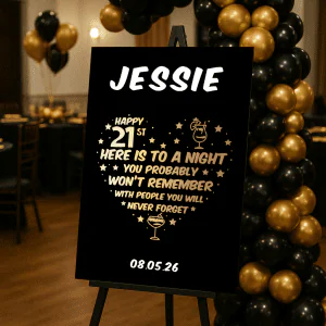 funny black and gold 21st birthday sign