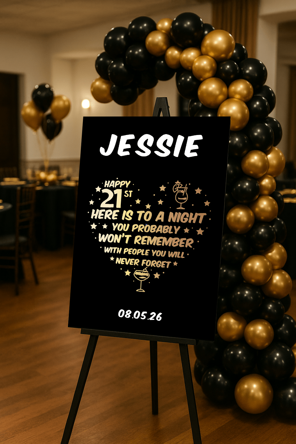 funny black and gold 21st birthday sign