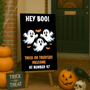 personalised trick or treat sign hey boo ghosts_