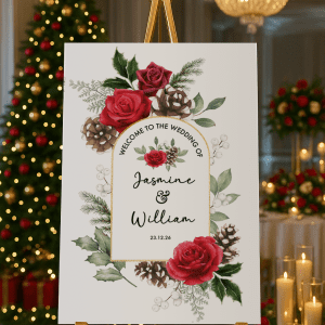 Christmas-Themed Wedding Signage - roses pine cones