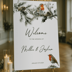 customised winter wedding sign - robins and pine cones