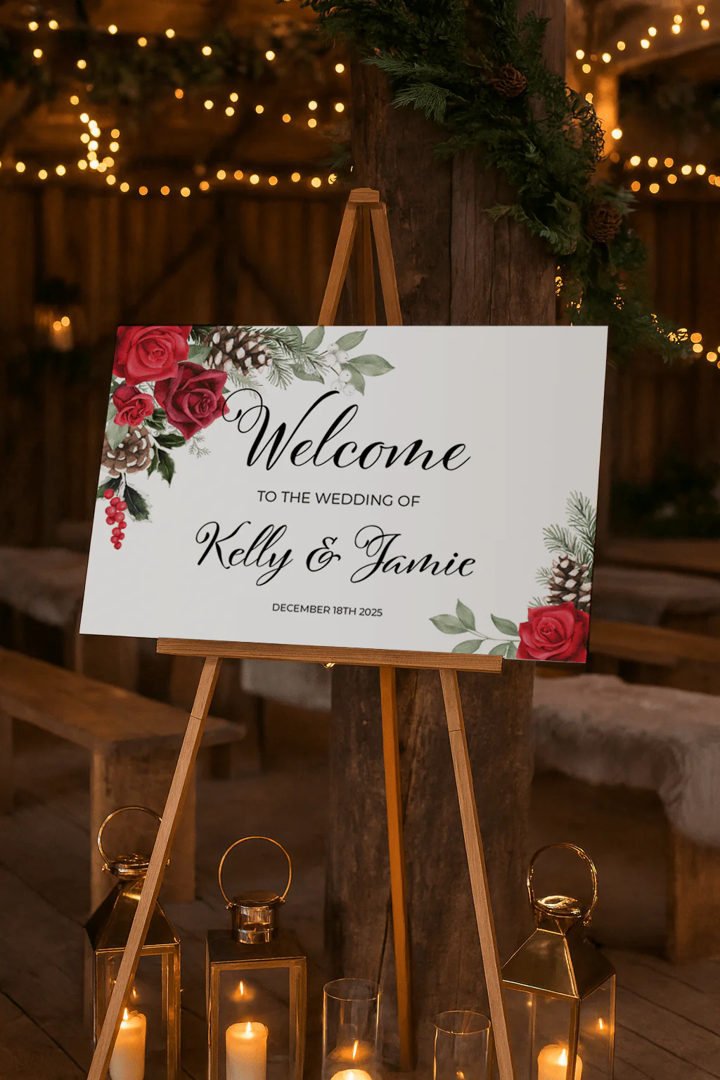 seasonal wedding sigange - pine cone floral