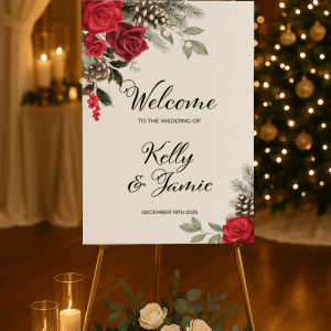 seasonal wedding signage red rose pine welcome board