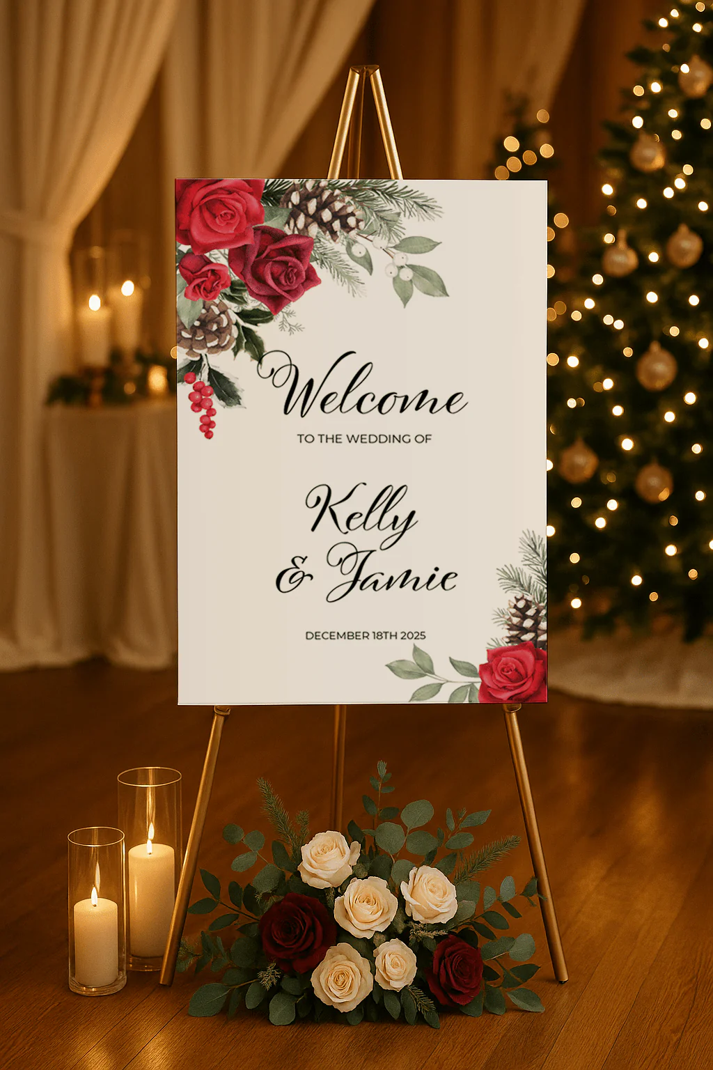 seasonal wedding signage red rose pine welcome board