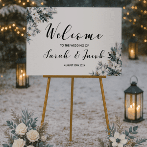 winter wedding welcome sign blue floral