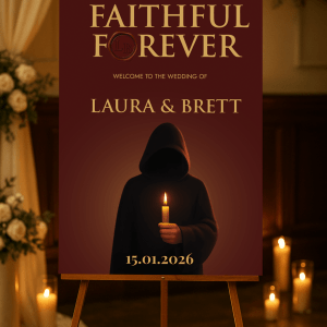 hooded cloaked figure wedding sign