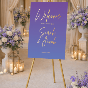 purple welcome sign