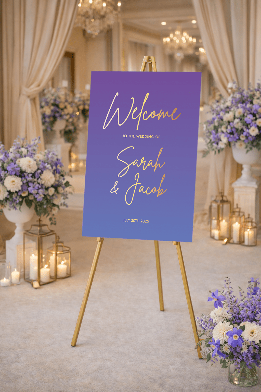 purple welcome sign