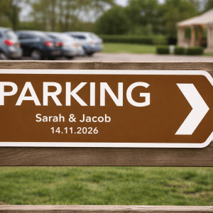 brown wedding parking road sign