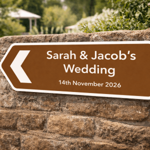 brown wedding road sign