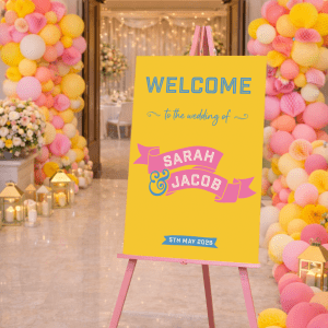 colourful wedding welcome sign