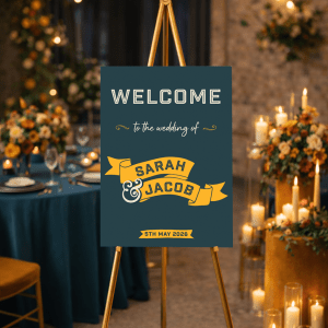 dark teal retro wedding sign
