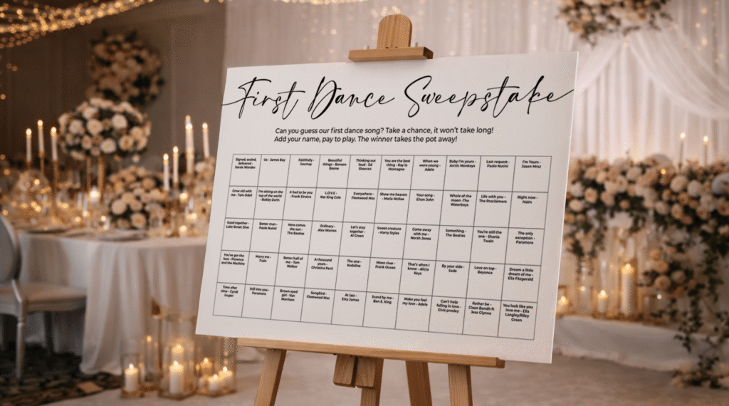Personalised wedding sweepstake board displayed on an easel at a UK wedding reception.