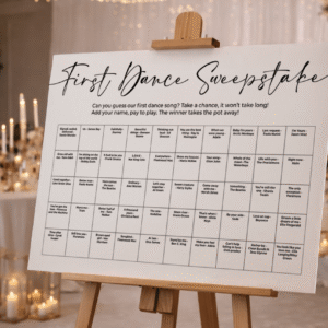 Personalised wedding sweepstake board displayed on an easel at a UK wedding reception.