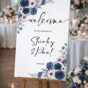 navy and blush floral welcome sign