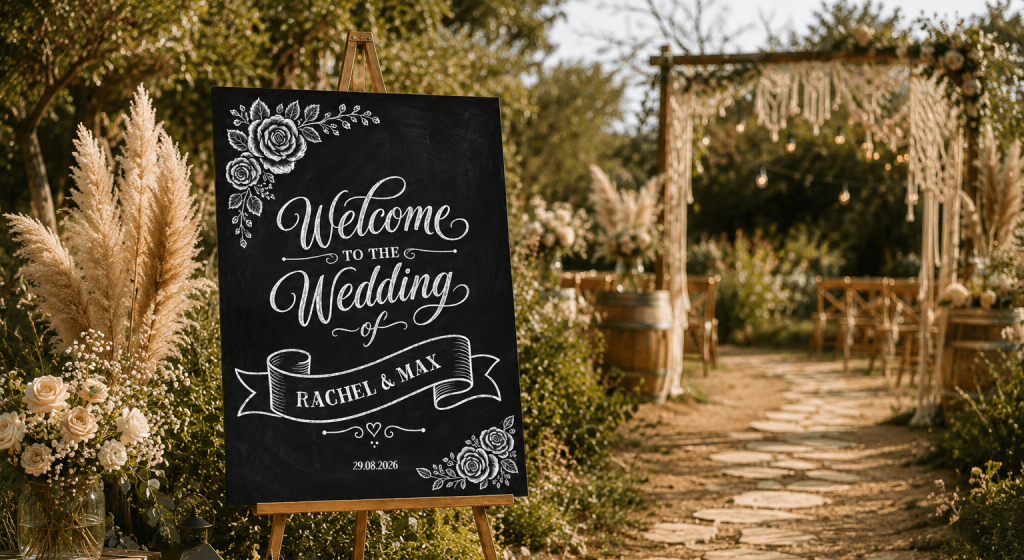 A rustic chalkboard welcome sign at a scenic outdoor wedding venue, surrounded by boho decor