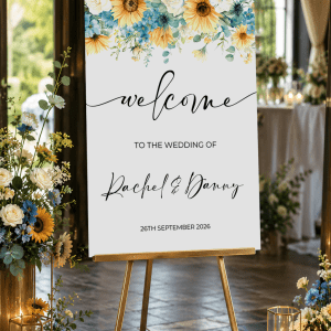 sunflower and blue wedding sign