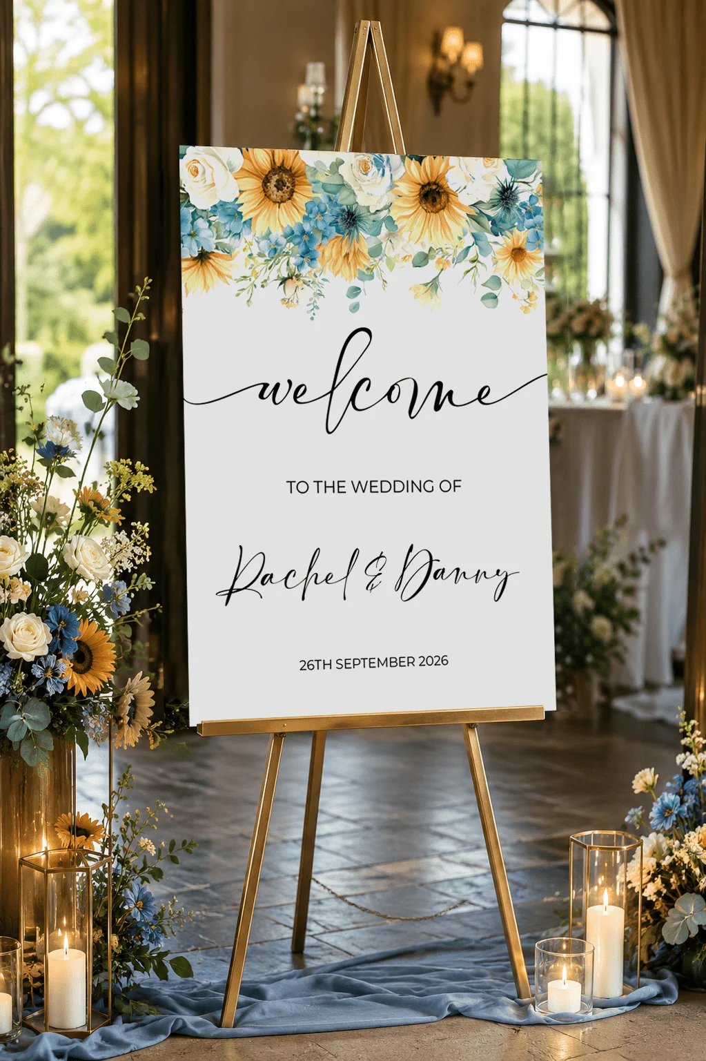 sunflower and blue wedding sign