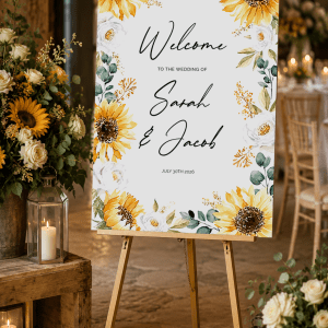 sunflower and white roses wedding sign