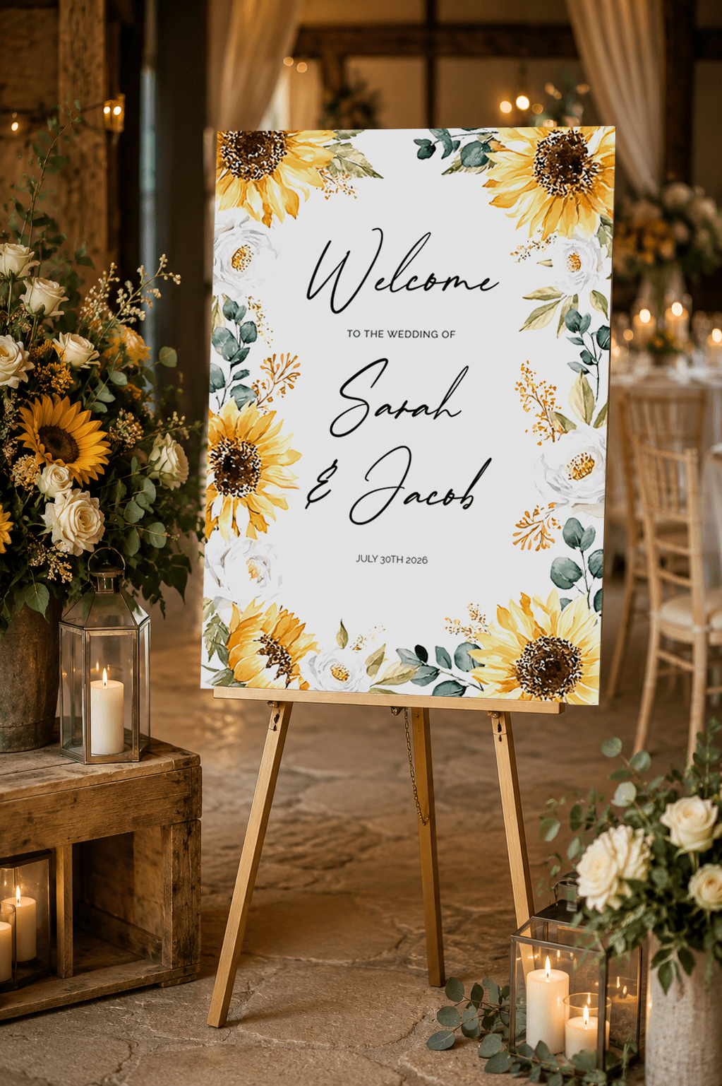 sunflower and white roses wedding sign