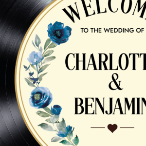 Blue floral vinyl record welcome board