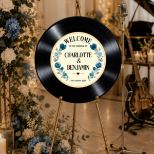 Blue floral vinyl record welcome sign