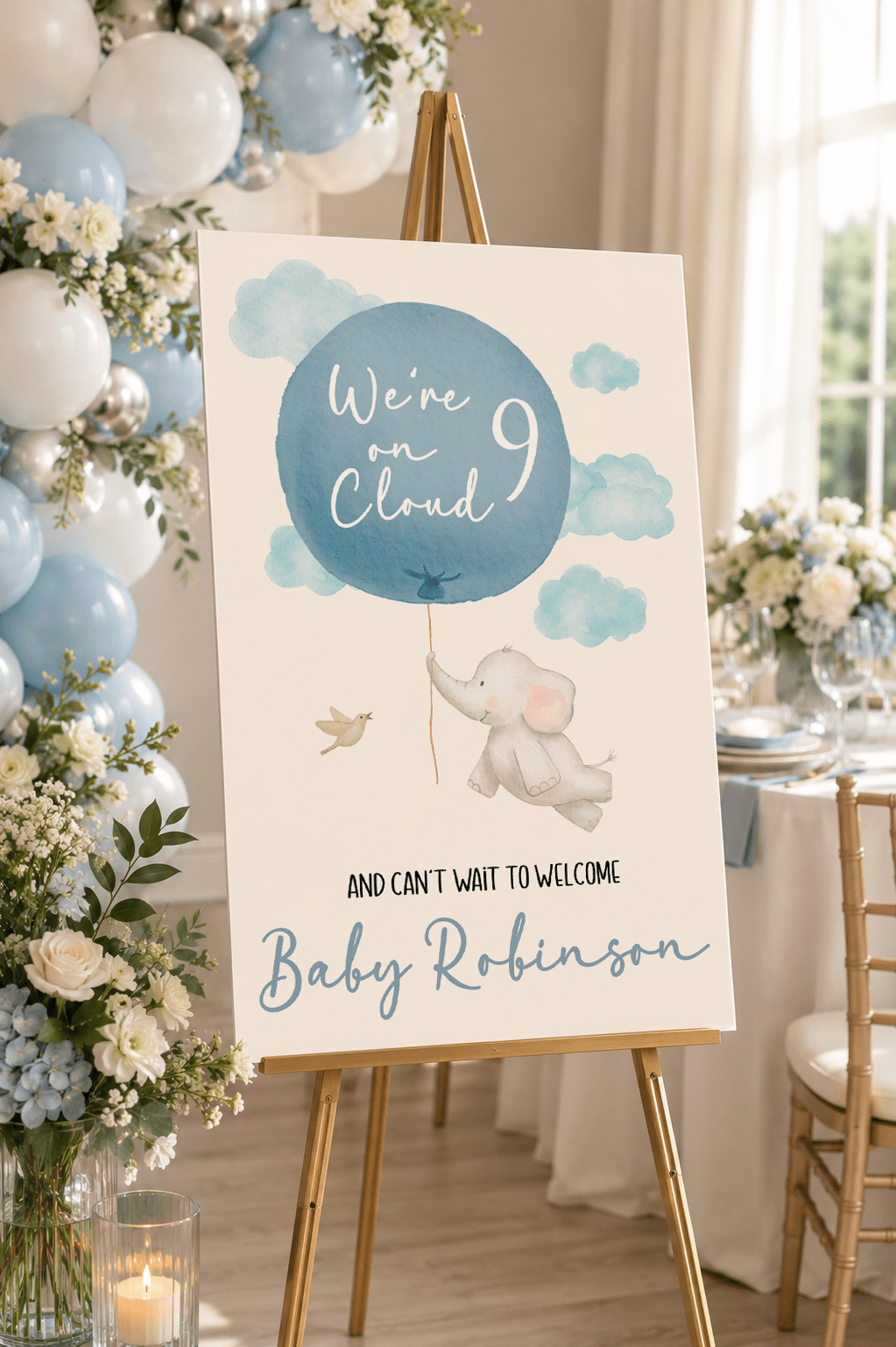On Cloud 9 Blue Baby Shower Welcome Sign