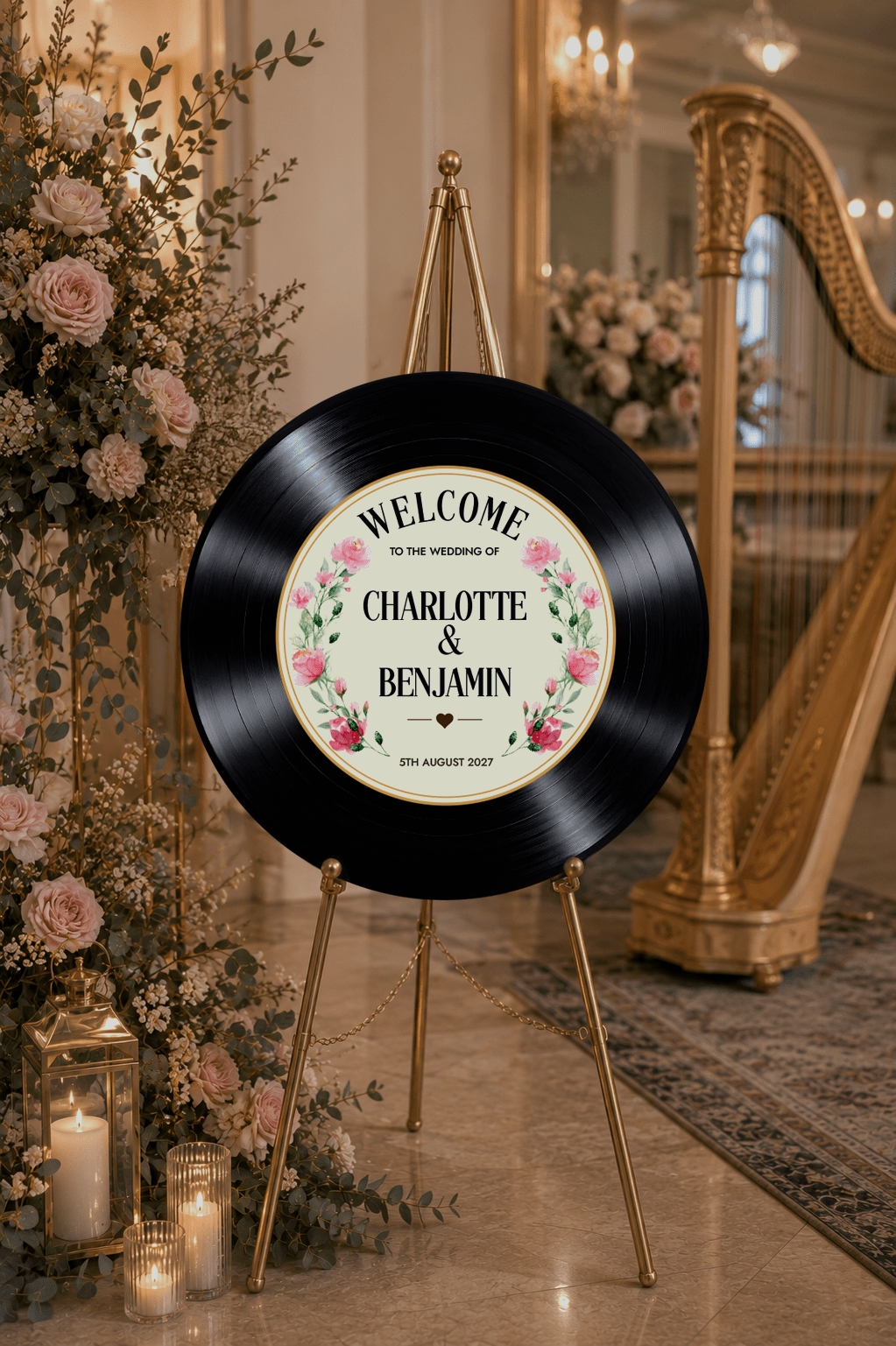 Pink Floral Vinyl Record Welcome Sign