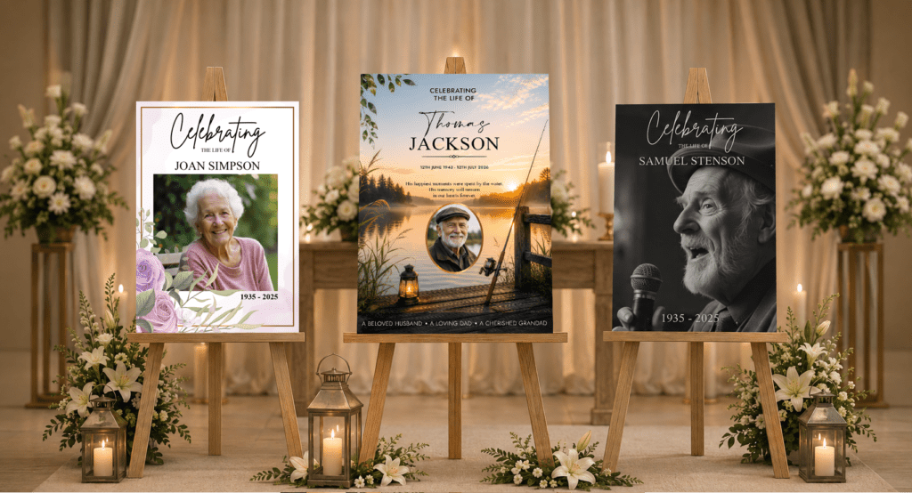 Examples of personalised funeral memorial boards designed for funerals, memorial services and celebrations of life.