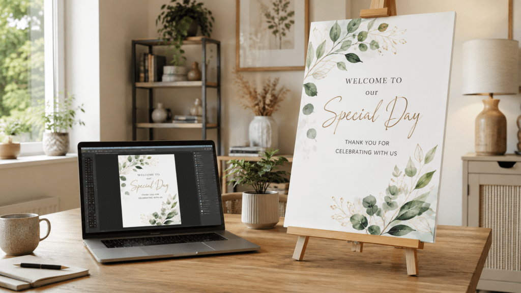 Canva event sign design on a laptop beside the finished design printed on foam board