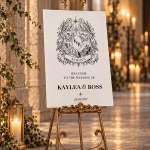 Personalised magical wizard wedding welcome sign with illustrated wedding crest