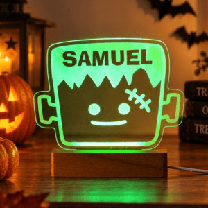 Personalised Frankenstein LED light with custom name and colour-changing glow for Halloween